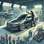 DALL·E 2024-09-30 19.33.17 - An illustration showing a professional auto body shop specializing in car bodywork and painting. The scene includes a car in a workshop with a technic