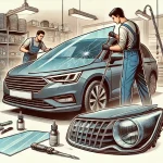 DALL·E 2024-09-30 19.33.29 - An illustration of a professional auto repair shop specializing in windshield and headlight repairs. The scene includes a mechanic replacing or repair