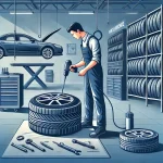 DALL·E 2024-10-04 10.16.53 - An illustration of a professional auto workshop specializing in tire services. The scene includes a mechanic changing or inspecting a car tire using s